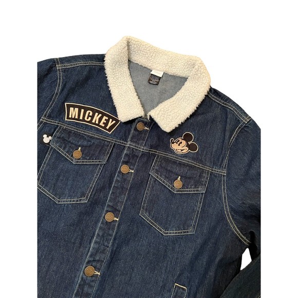DISNEY Mickey Mouse Blue Denim Jean Jacket Womens XL Embroidered Sherpa collar - Picture 2 of 9
